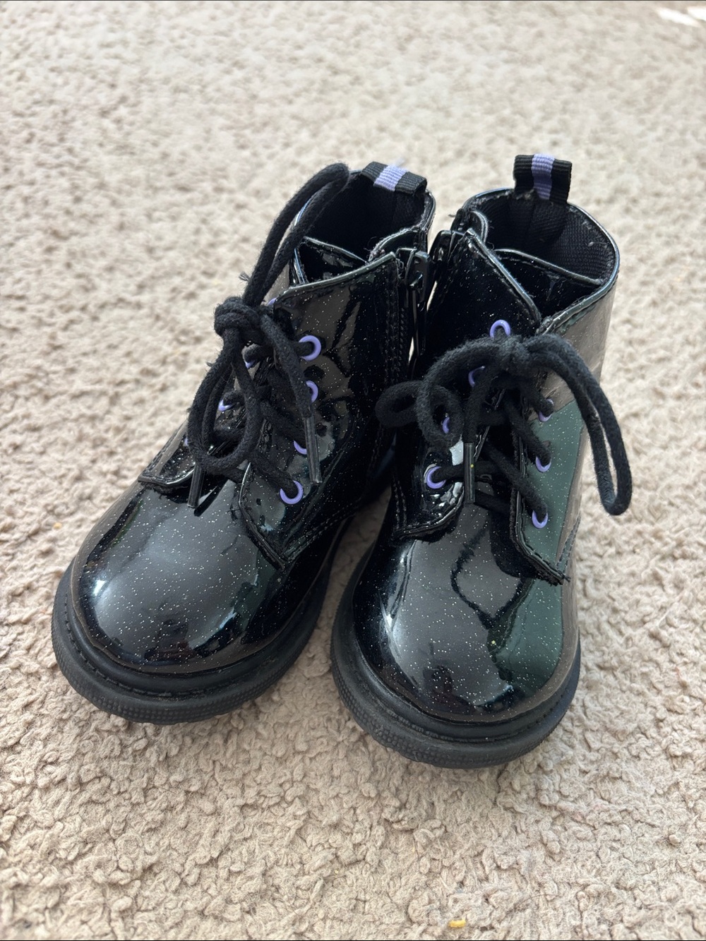 wonder nation Black Glitter Patent Lace-Up Ankle Boots with Purple Eyelets